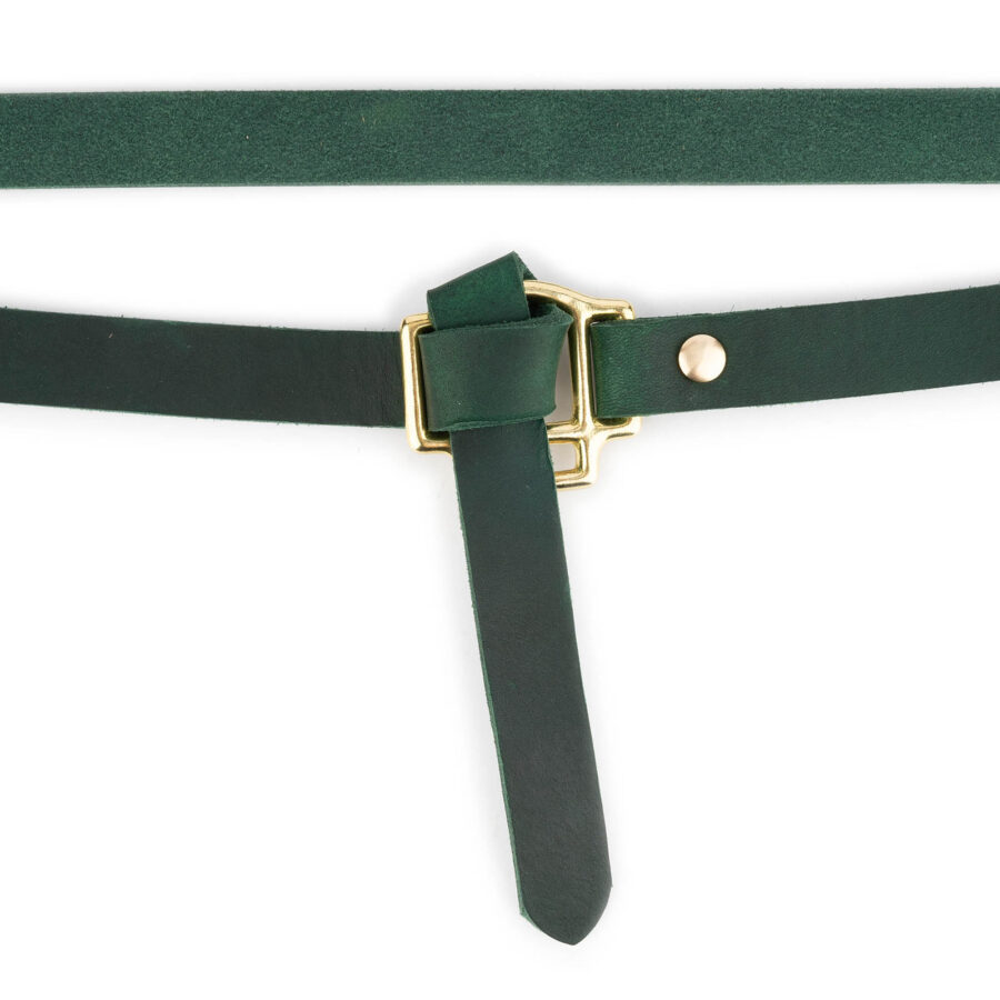 Green Tie Belt With Knot Buckle Gold Real Leather 5