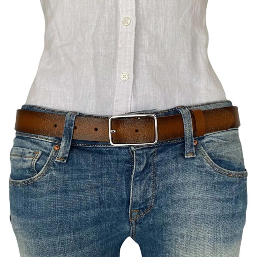 Jeans Belt For Lady Rectangle Buckle brown real leather 3cm KDN 04 15