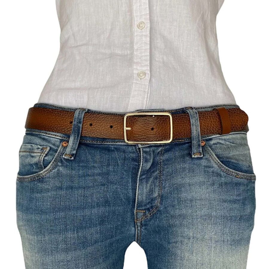 Jeans Belt For Lady Rectangle Buckle gold buckle brown real leather 3cm KDN 05 8