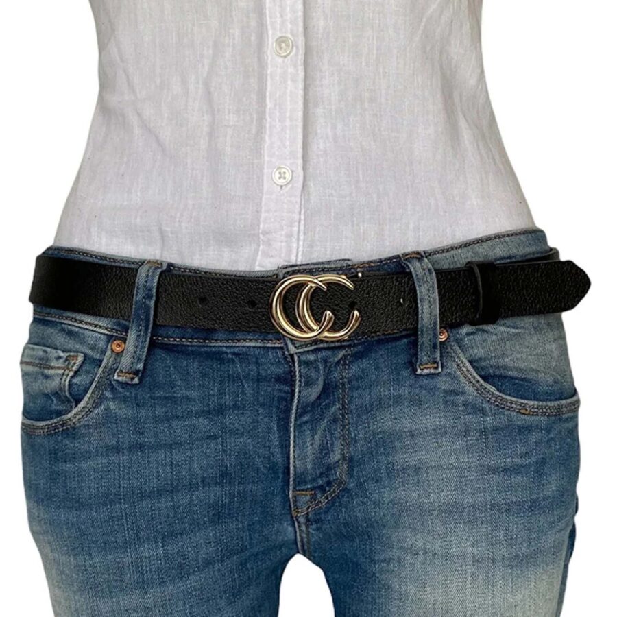 Ladies Belt For Jeans CC gold buckle black calfskin leather 3cm KDN 14 2