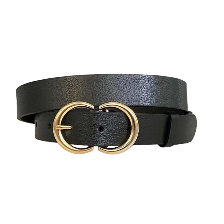 Ladies Jeans Belt Two Circle gold buckle black genuine leather 3cm 3cm KDN 37 13