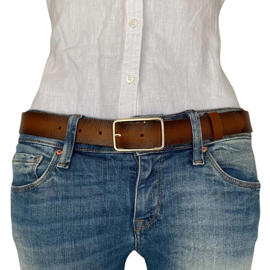 Stylish Belt For Womans Jeans Rectangle Buckle gold buckle brown real leather 3cm KDN 05 15