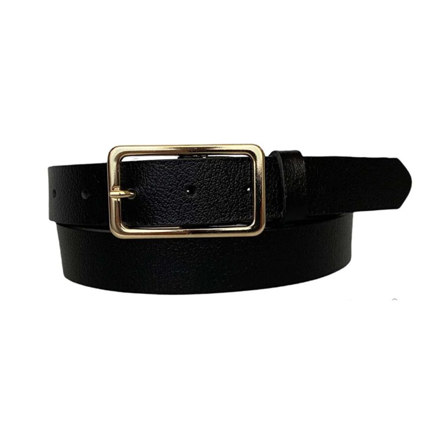 Stylish Belt For Womans Jeans Rectangle gold buckle black calfskin leather 3cm KDN 20 1
