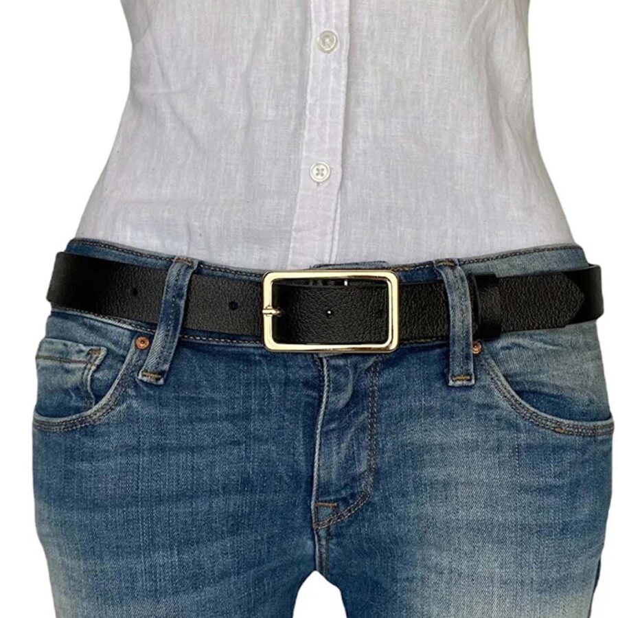 Stylish Belt For Womans Jeans Rectangle gold buckle black calfskin leather 3cm KDN 20 2