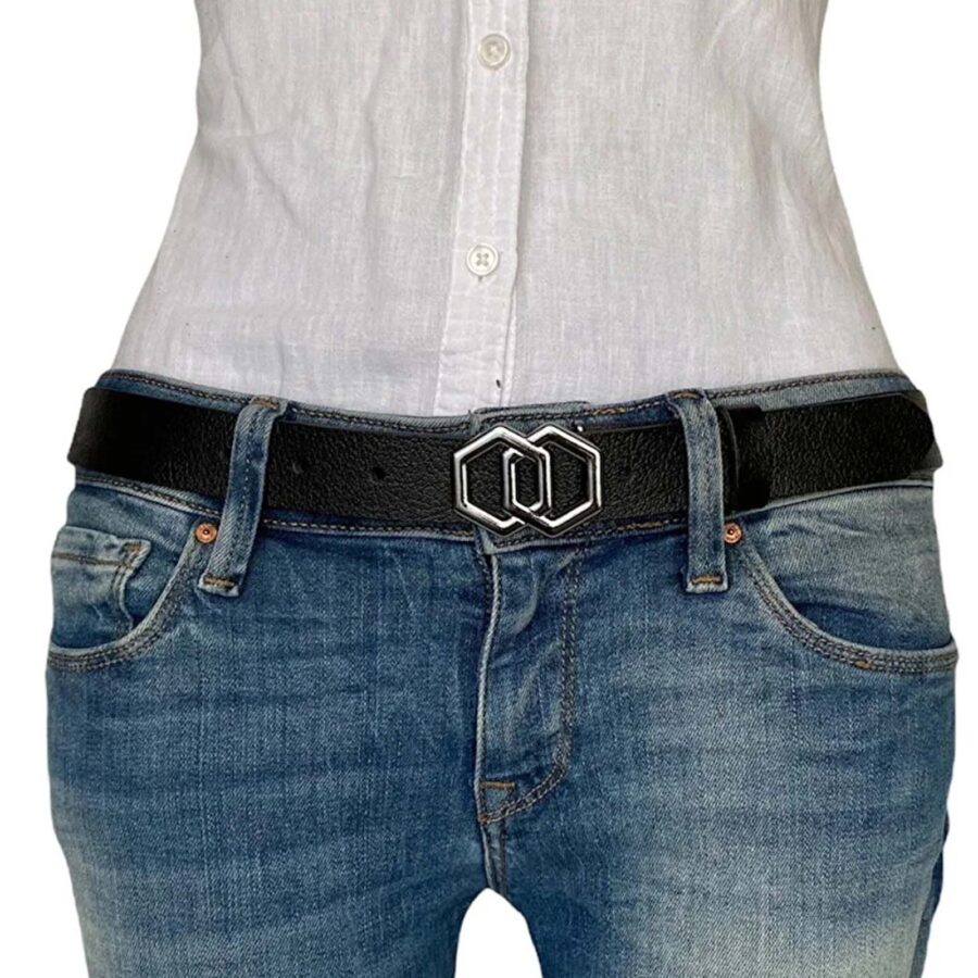 Womens Fashion Belt Hexagon Buckle black calfskin leather 3cm KDN 11 2