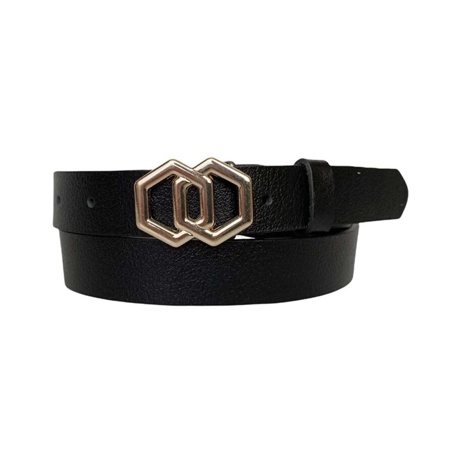 Womens Fashion Belt Hexagon gold buckle black calfskin leather 3cm KDN 12 1