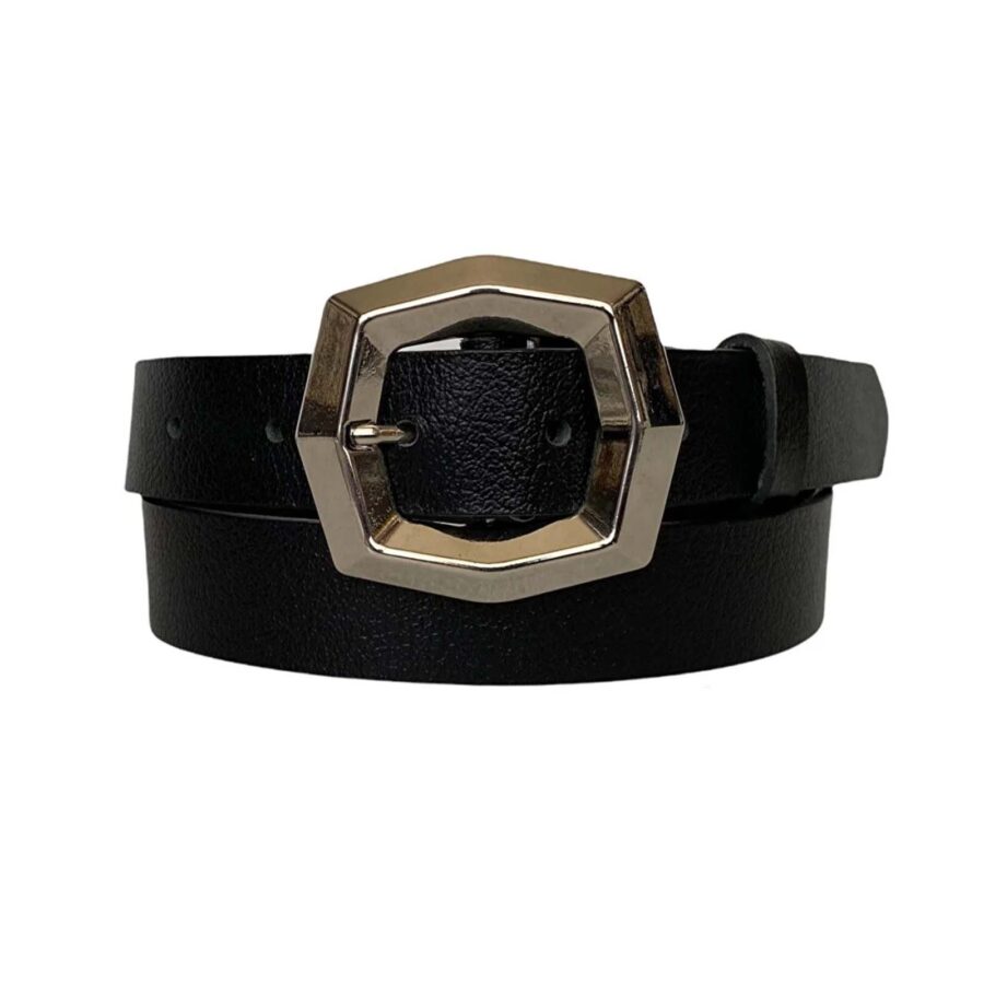 Womens Fashion Belt Octagon gold buckle black calfskin leather 3cm KDN 23 1