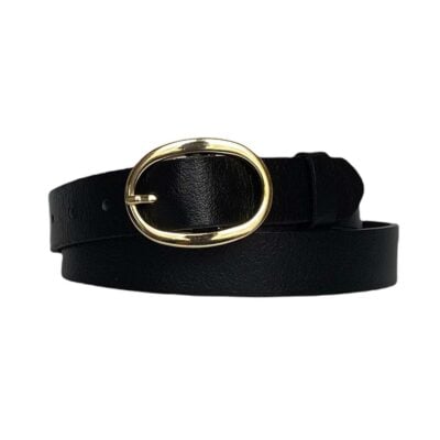 Womens Fashion Belt Oval gold buckle black calfskin leather 3cm KDN 36 1