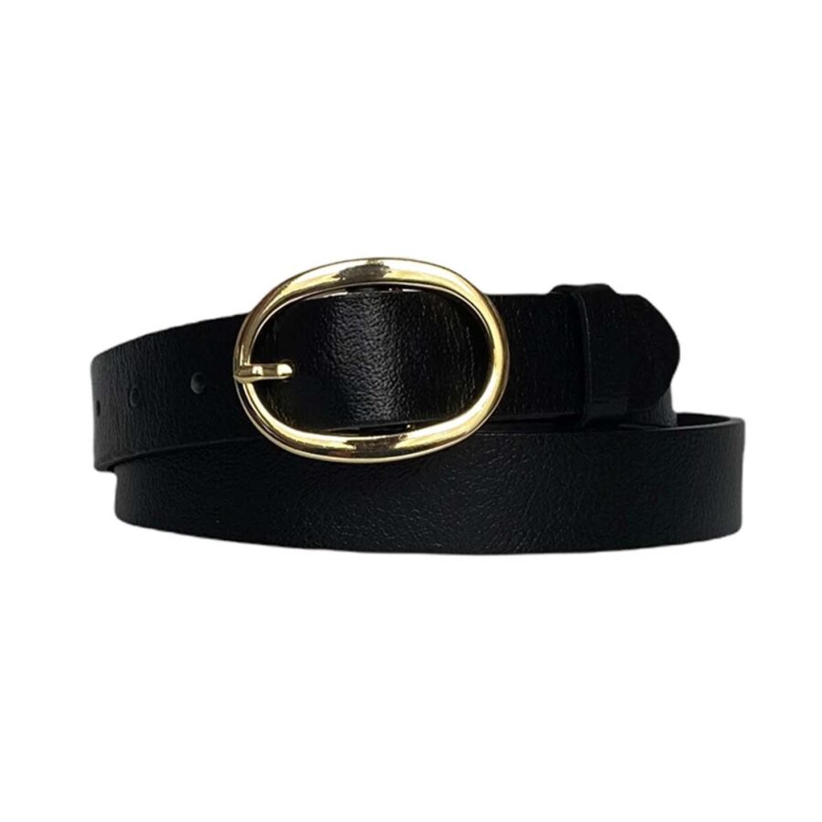 Womens Fashion Belt Oval gold buckle black calfskin leather 3cm KDN 36 1