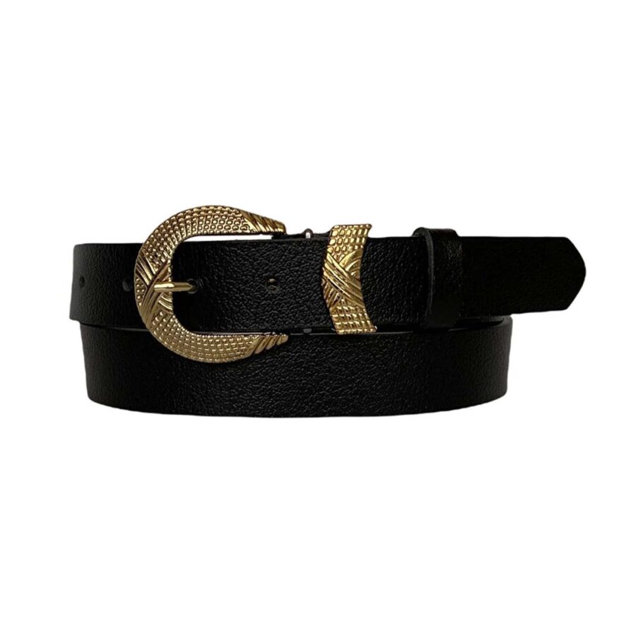 Womens Western Belt gold buckle black calfskin leather 3cm KDN 27 1