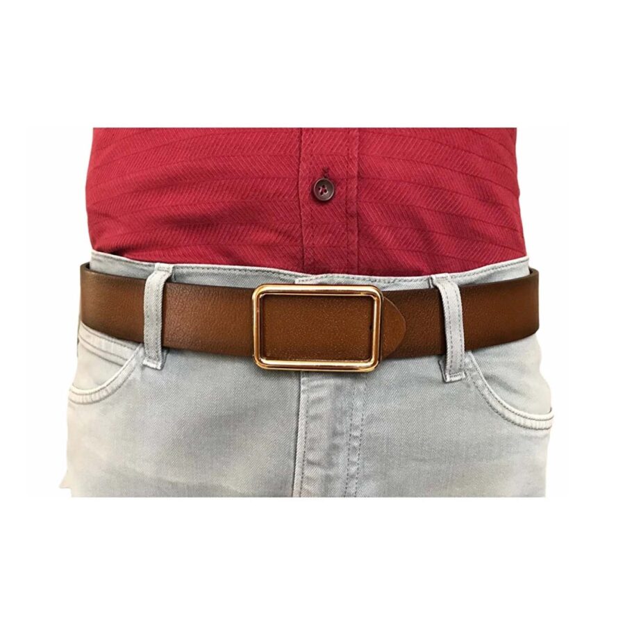 brown male belt for denim gold buckle rectangle 4 Cm GoToka 7
