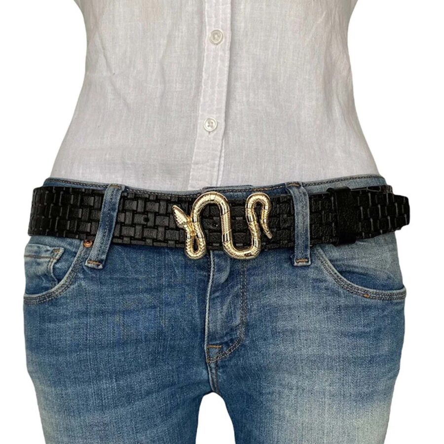 female belt with gold snake buckle black real leather an byn 47 19