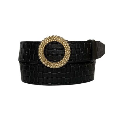 ladies belt with gold round buckle black calfskin an byn 59 10