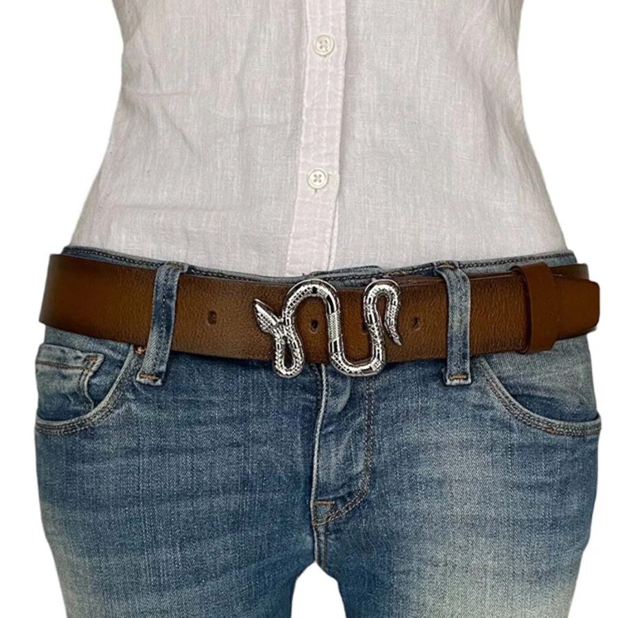 ladies belt with silver snake buckle brown genuine leather an byn 46 5