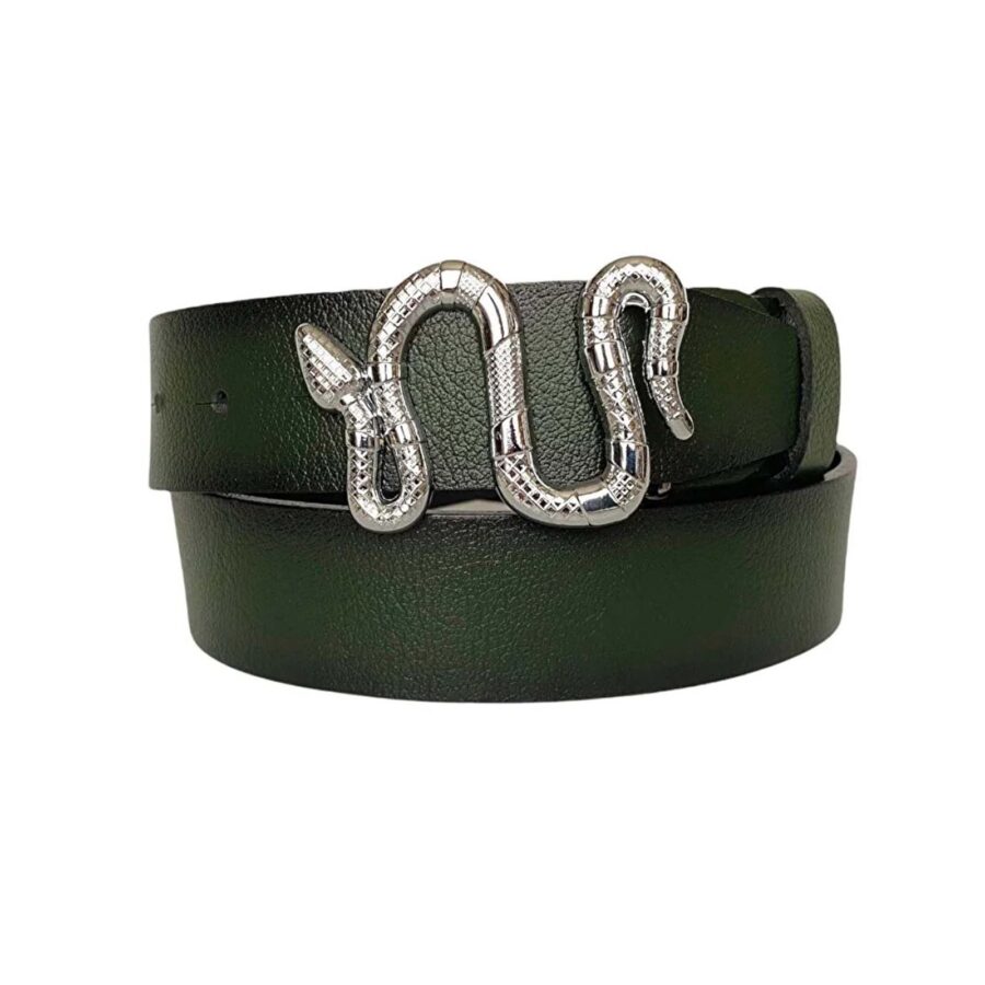 ladies fashion belt silver snake buckle green genuine leather an byn 46 7