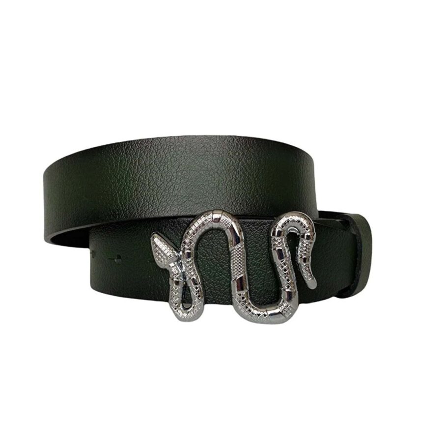 ladies fashion belt silver snake buckle green genuine leather an byn 46 8