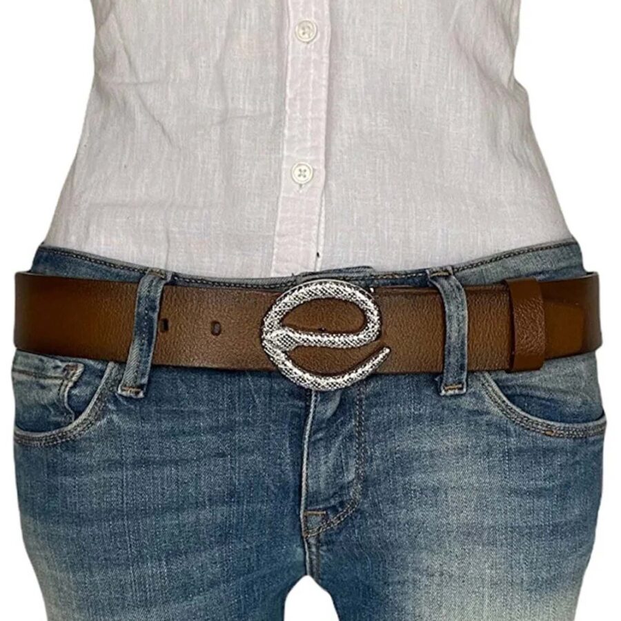 ladies fashion belt silver snake buckle tan real leather an byn 48 2