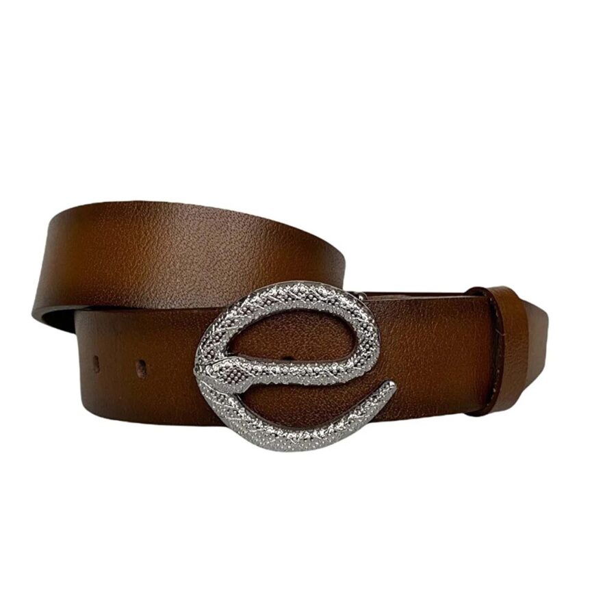 ladies fashion belt silver snake buckle tan real leather an byn 48 3