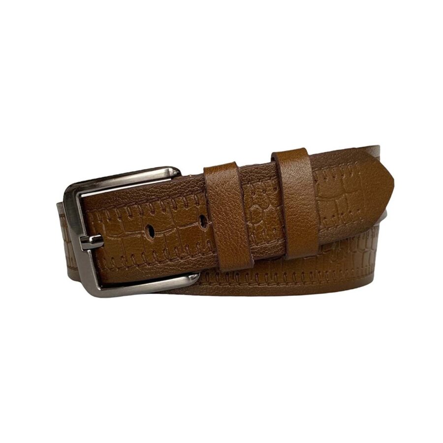 tan brown thick leather belt crocodile emboss 4 5 cm 3LU PRE KROKO 4 copy