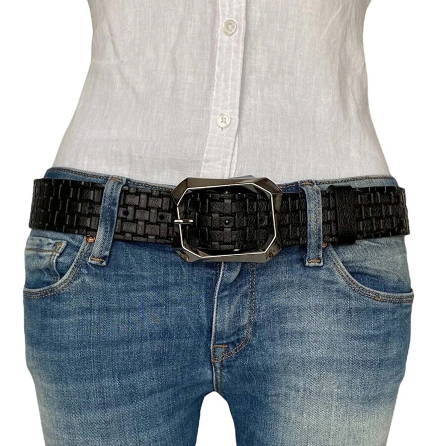 unique womens belt for jeans black emboss 1 1 2 inch AN BYN 07 29