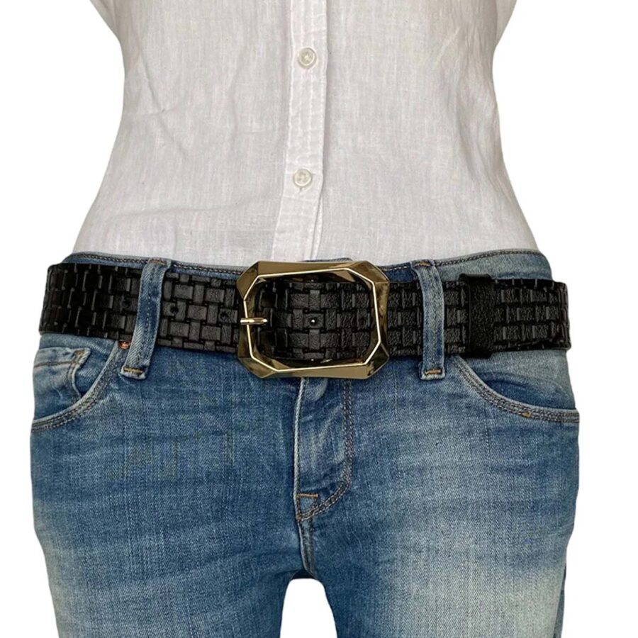 womens jeans belt golden buckle black genuine leather AN BYN 08 30