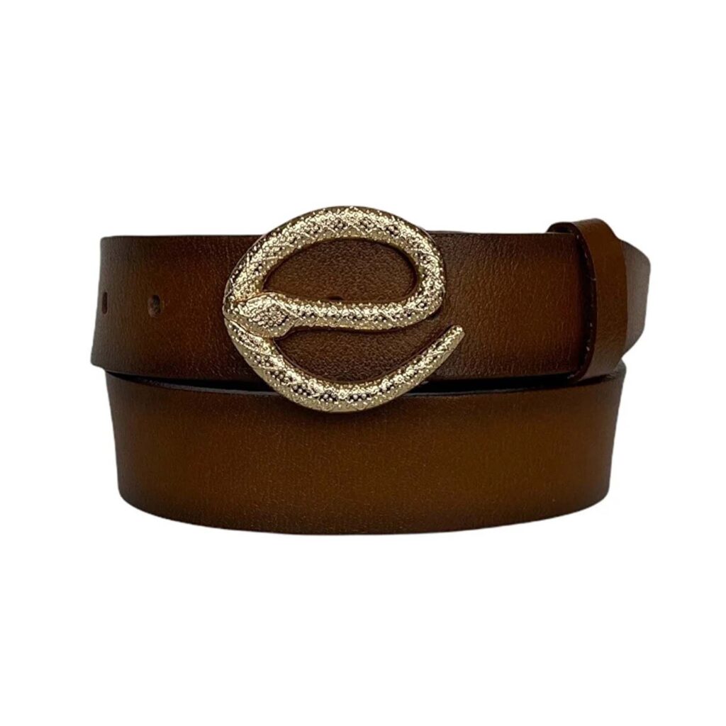 Buy Womens Wide Jeans Belt Gold Snake Buckle Tan Leather  display picture 1