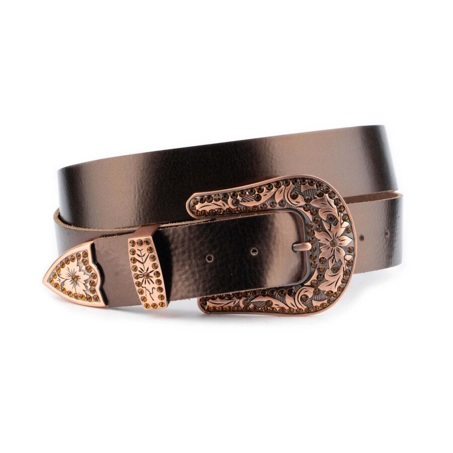 Copper Brown Metallic Leather Western Belt With Rhinestone Buckle 1 COPPMET35 6524LDR 75 USD