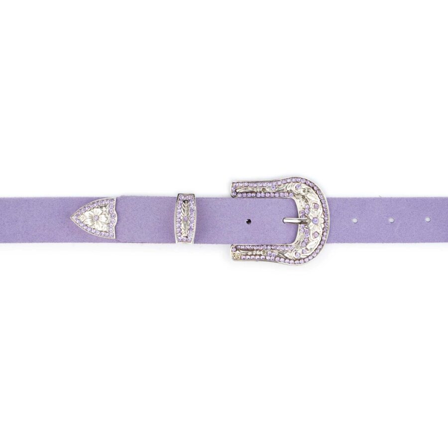 Female Western Belt Lilac Suede Leather Rhinestone Buckle 4