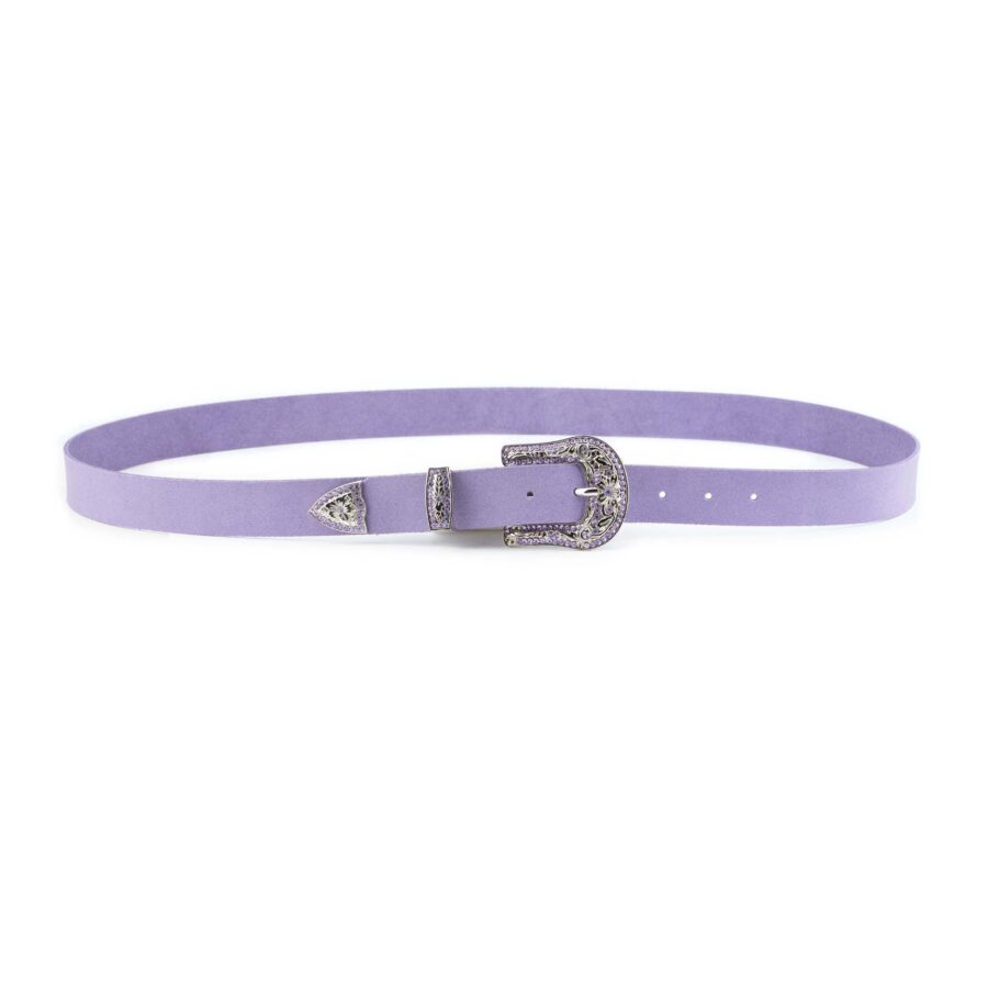 Female Western Belt Lilac Suede Leather Rhinestone Buckle 6