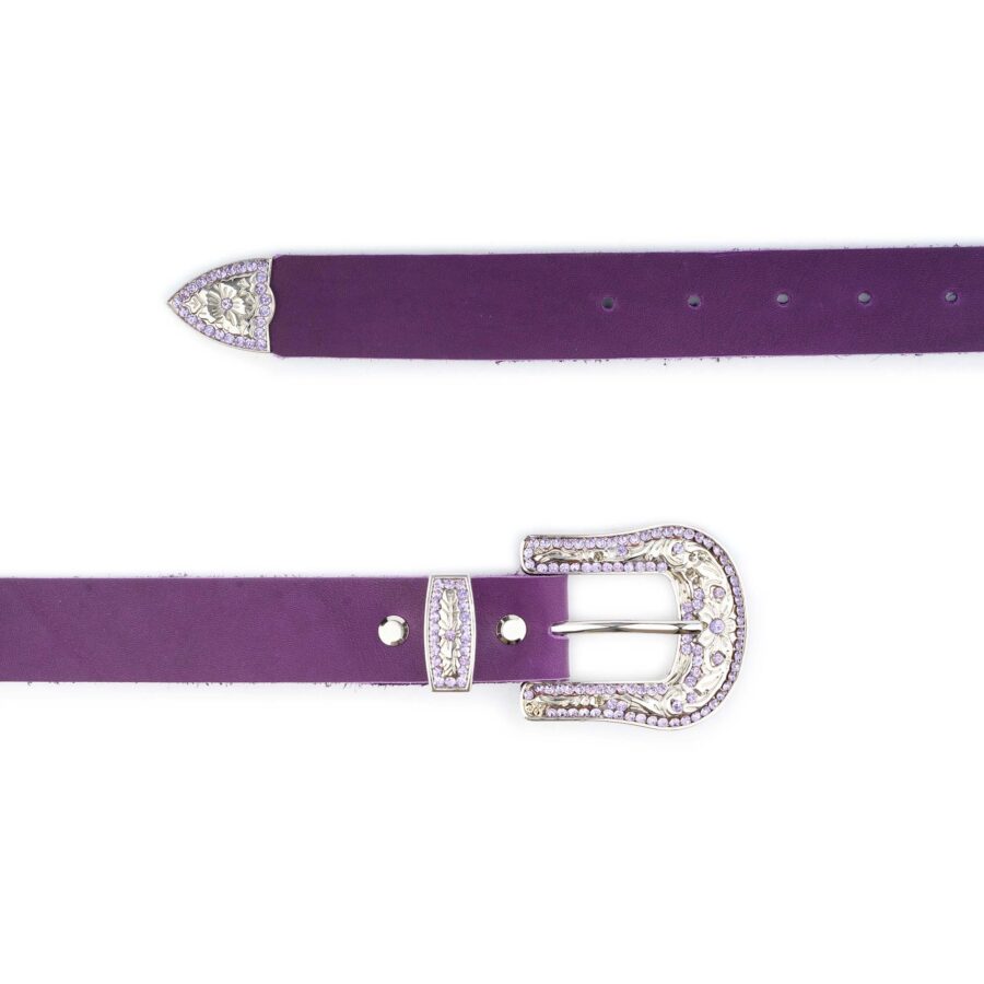 Female Western Belt Purple Leather With Rhinestone Buckle 3 0 cm 3