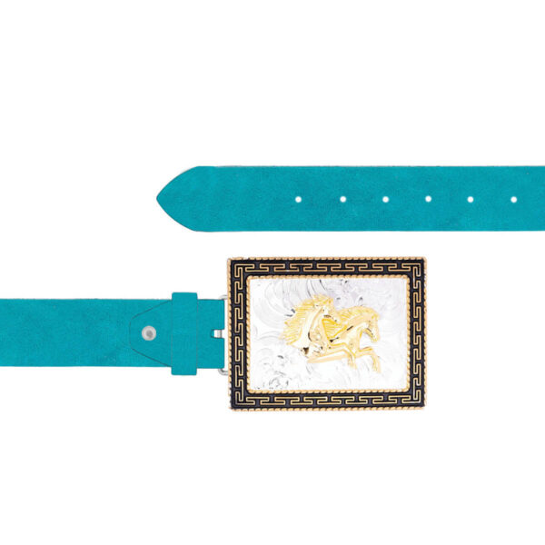 Huge Buckle Belt Gold Horses Oiled Leather Turquoise 16 10092024 40 FETTLDR TURQUOIUSE 1