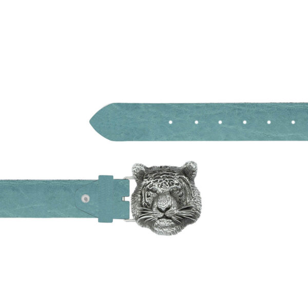 Silver Tiger Head Buckle Belt Ice Blue Oiled Leather 09 12092024 40 FETTLDR ICEBLUE 15