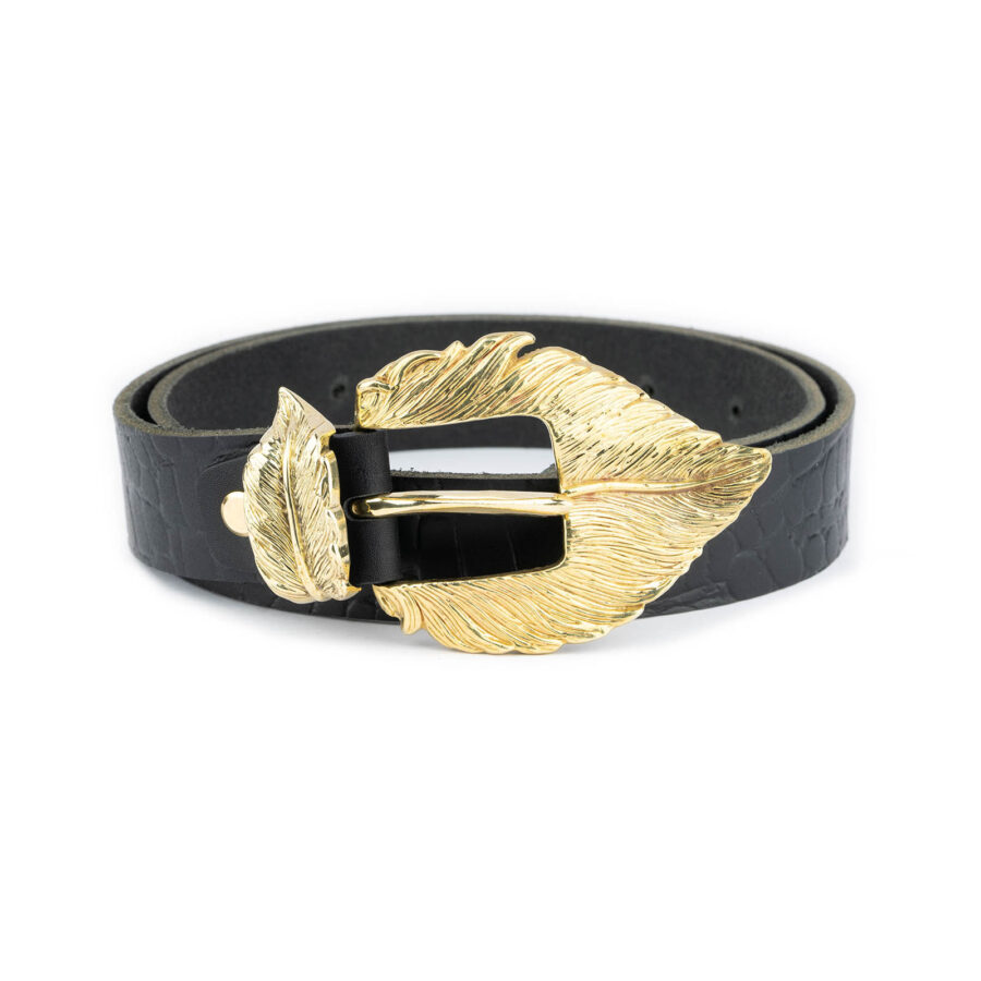 black crocodile emboss belt with gold brass feather buckle 1 FEATCROC30BLALDR 75 USD