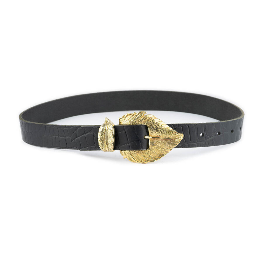 black crocodile emboss belt with gold brass feather buckle 2