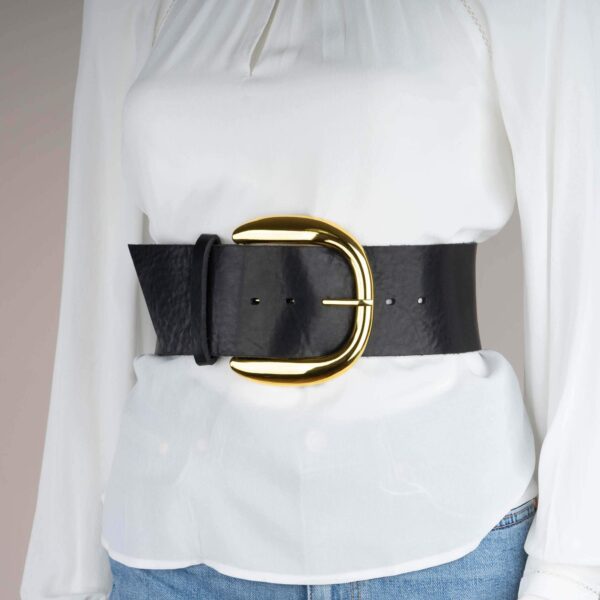 big gold buckle corset belt womens black leather 9