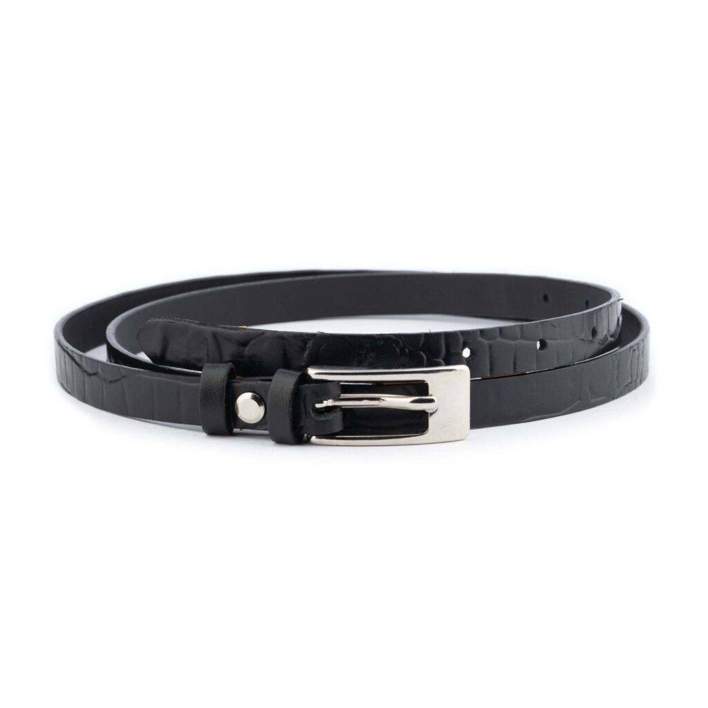 Buy Skinny Black Belt Croco Emboss 1.5 Cm Genuine Leather ...