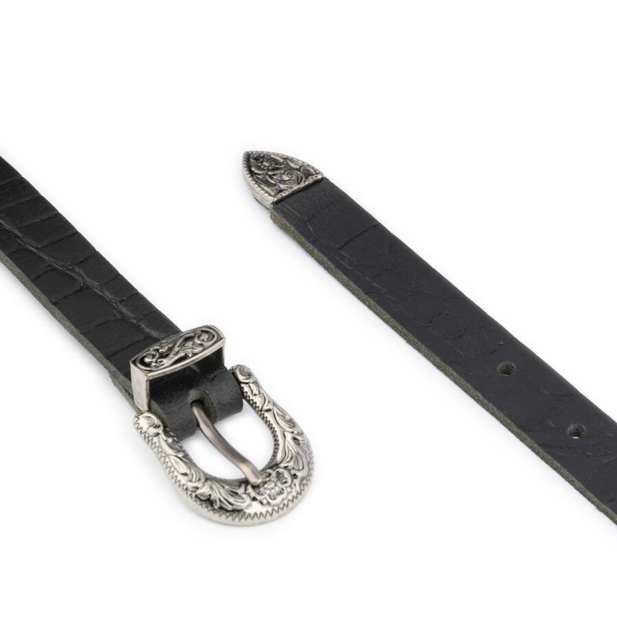 thin womens western belt black croco leather 2 0 cm 3