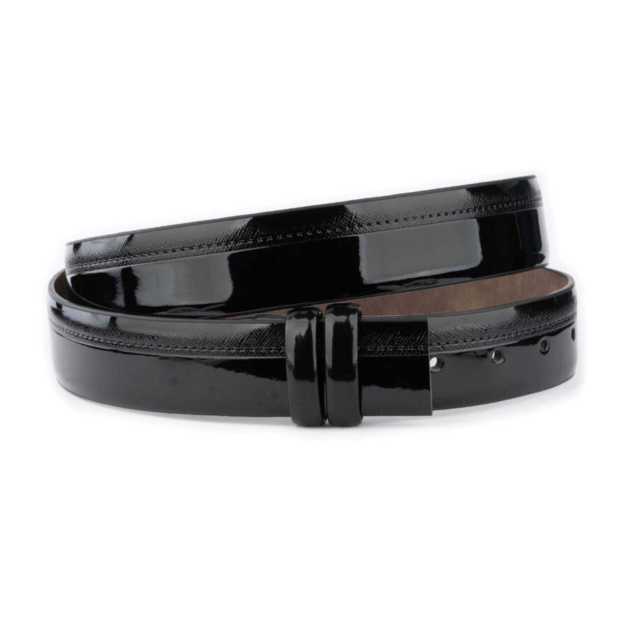 black patent vegan belt strap for buckle saffiano detail 1 VEGPAT CUT35 BLASAFF