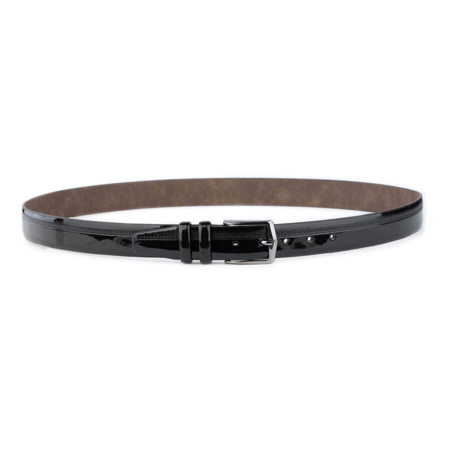 luxury mens belts black patent vegan leather with saffiano strip 4