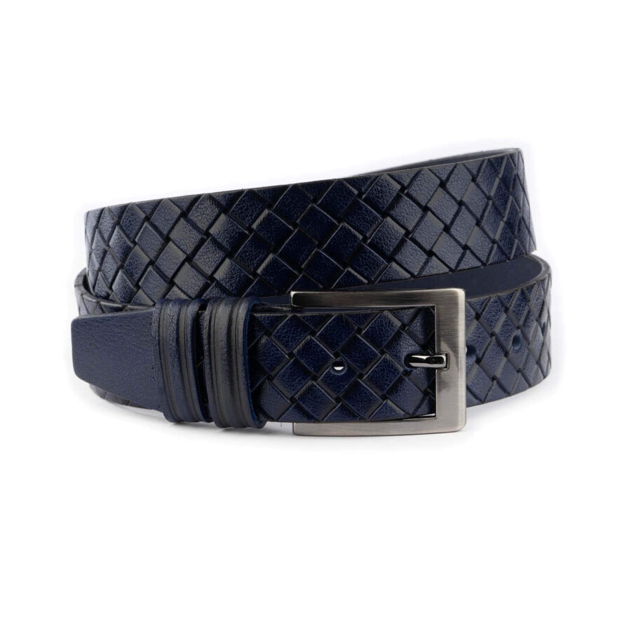 mens fashion belt dark blue braided emboss leather 3 8 cm 4