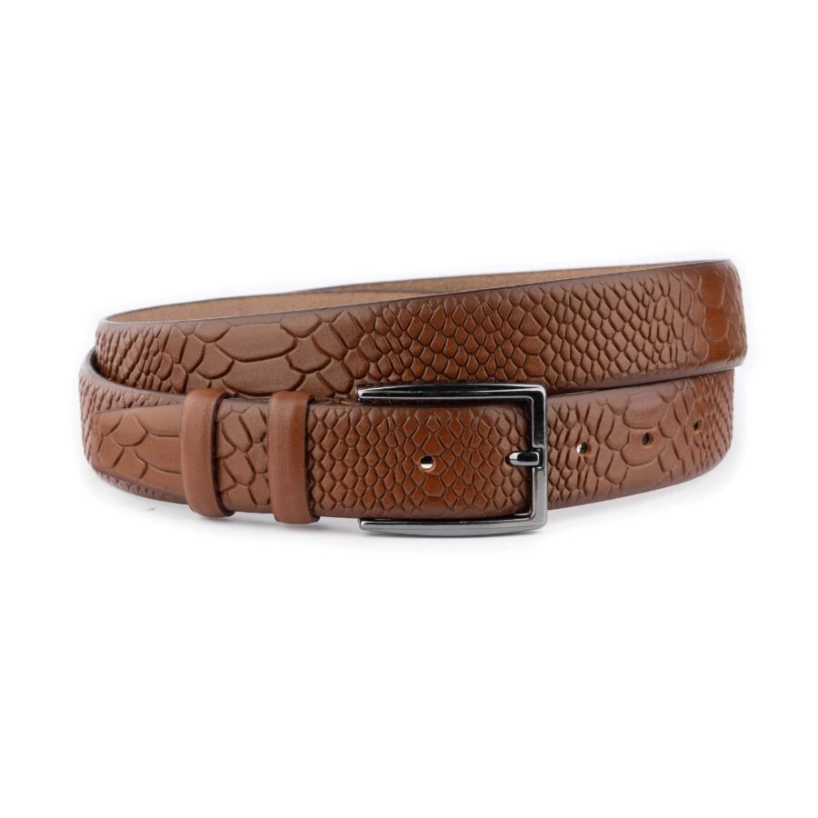 mens fashion belt snake emboss brown real leather 4