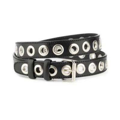 Black Full Grain Leather Grommet Belt – 1 1 8 Inch Slim with Polished Hardware 1 GROMM 30 BLAFUGR NICKROLL AML