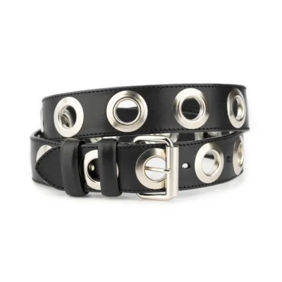 Black Full Grain Leather Grommet Belt – 1 5 Inch Thick with Oversized Hardware 1 GROMM 40 BLAFUGR NICKROLL AML