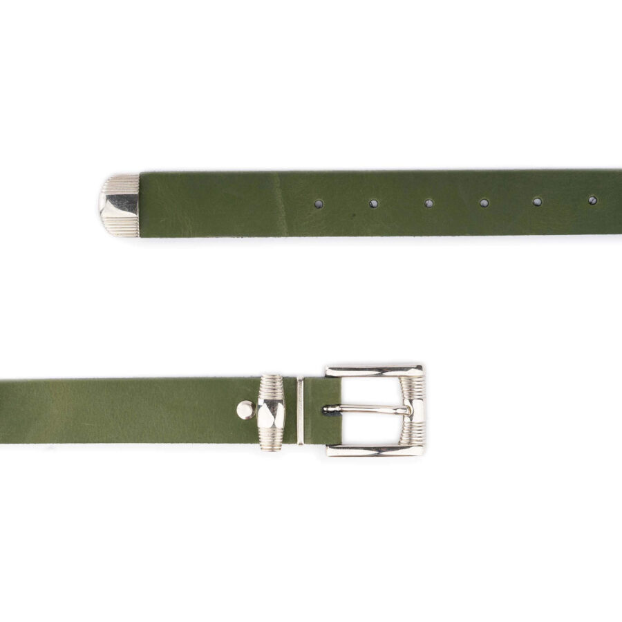 green leather belt with metal tip nickel hardware 2