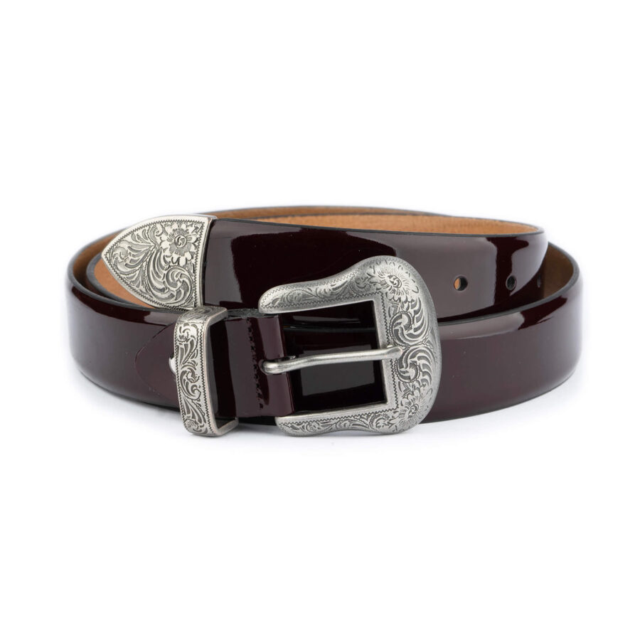 western burgundy patent leather belt with silver buckle 1 19092024 35 BURGUND WESTPAT DEREN