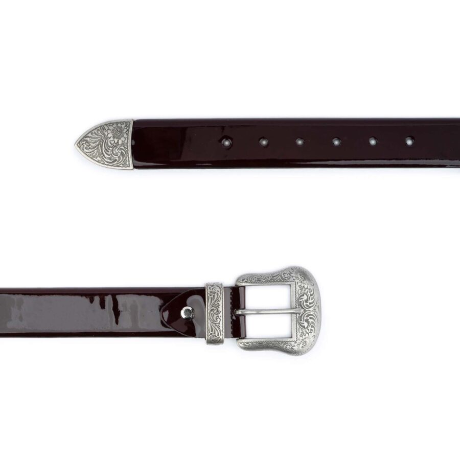 western burgundy patent leather belt with silver buckle 2