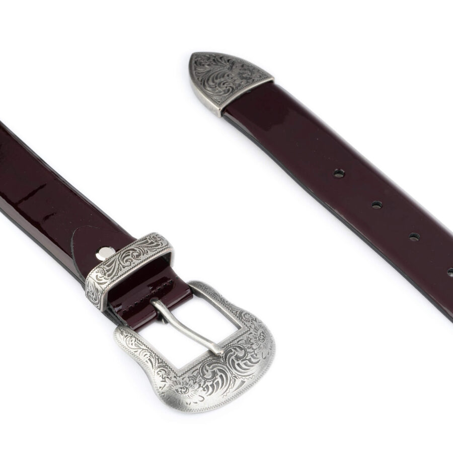 western burgundy patent leather belt with silver buckle 3