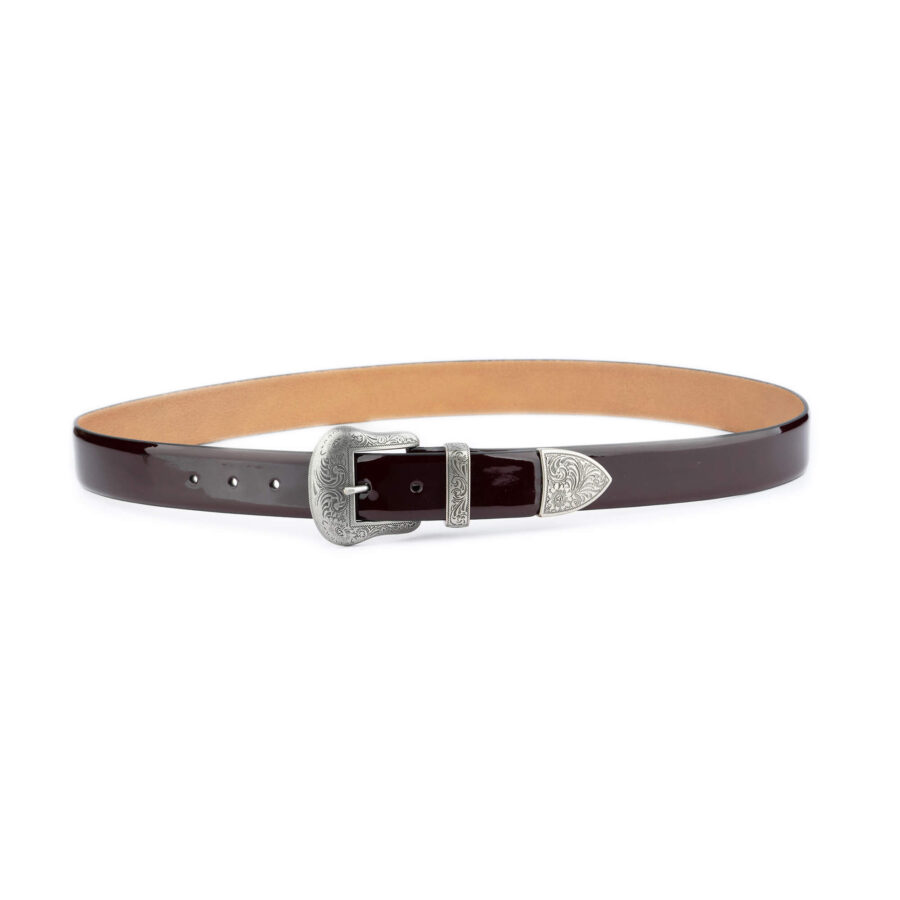 western burgundy patent leather belt with silver buckle 4