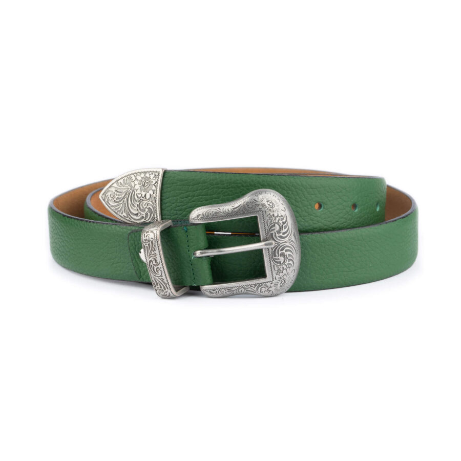 western green leather belt with silver buckle 1 19092024 35 GREEN WESTPEB KASV