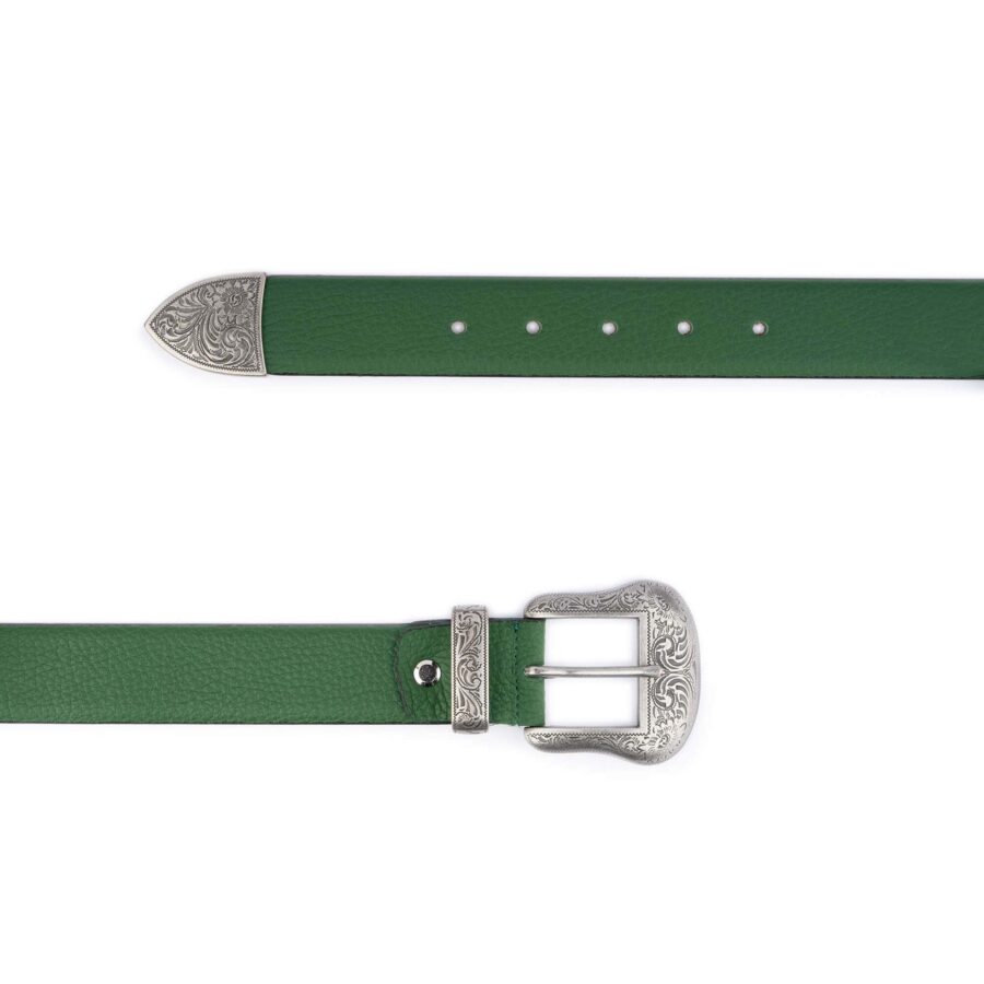 western green leather belt with silver buckle 2